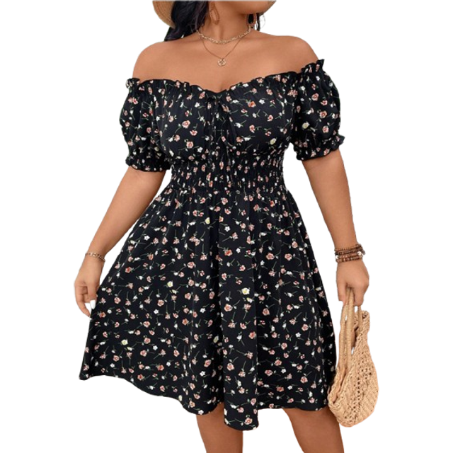SHEIN Plus Size Boho Romantic Vacation Black Off-Shoulder Dress With Ditsy Floral, For Summer,Beach Dress Sundress,Holiday Outfits