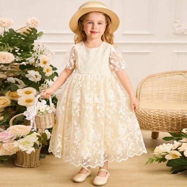 SHEIN Girls Floral Net Yarn Cake Design Formal Dress, Fancy Party Gown, All Season