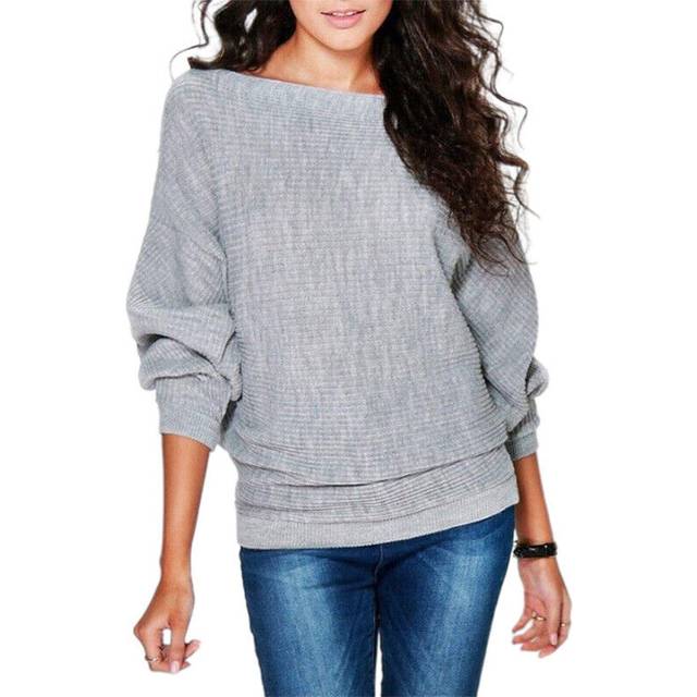 (Gray, S) Womens Batwing Sleeve Knitted Thin Sweater Ladies Casual Baggy Solid Jumper Tops