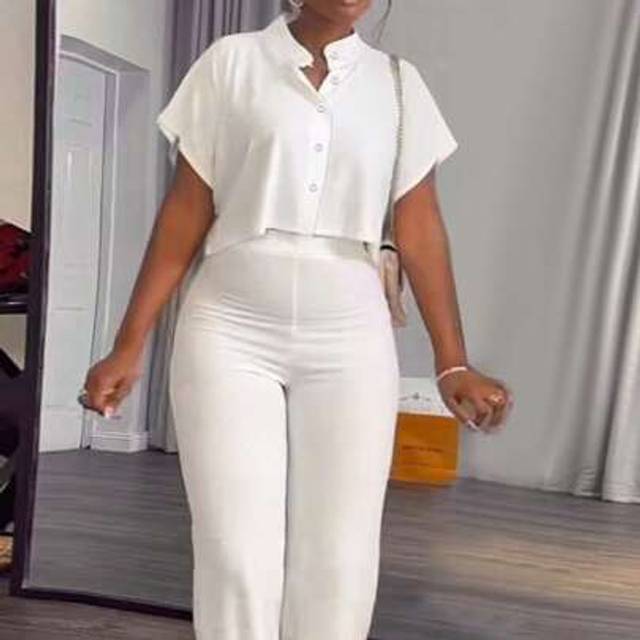 SHEIN Women&#39;s Summer Solid Color Stand Collar Short Sleeve Shirt + Elegant White Wide-Leg Pants 2 Pieces Set