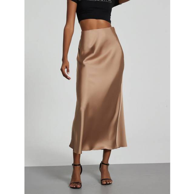 (Khaki, XS) Women's Style Elegant Silky Texture Satin Skirt Slim And Drooping Midi Skirt Summer