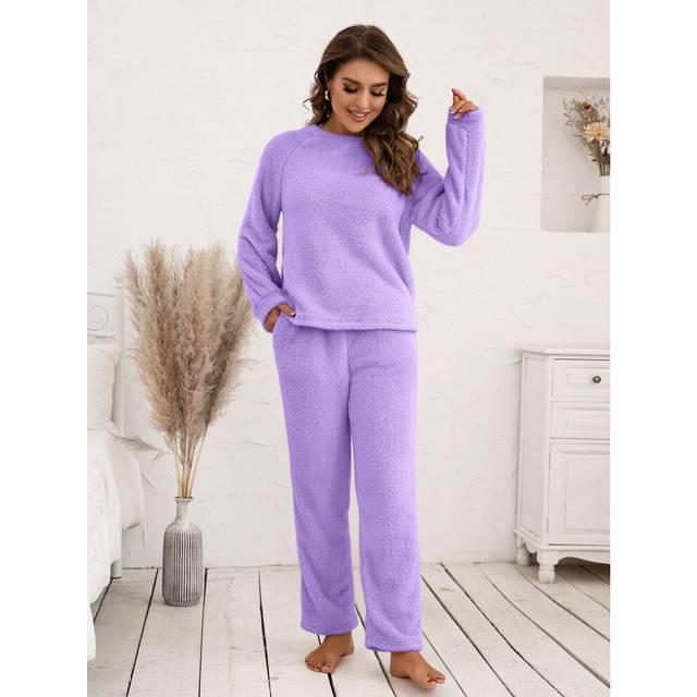 (Purple, L) Womens Fluffy Fleece Fur Tops Pants Pyjamas Nightwear Teddy Bear Pajamas Set UK