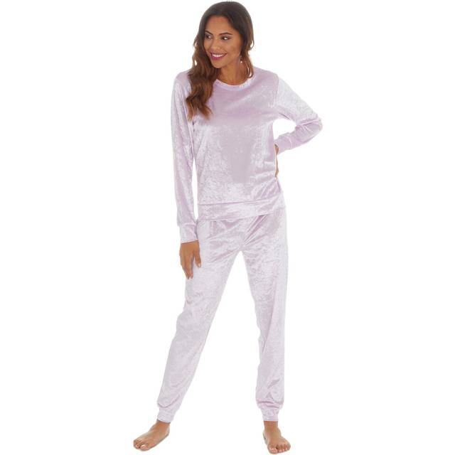 (Lilac - Velour, L) Metzuyan Ladies Plush Fleece Or Crushed Velvet Two Piece Co-Ord Pyjama Set Size S-Xl