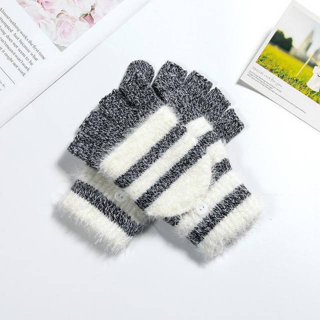 (Black) COKK Women Fingerless Gloves Cute Faux Rabbit Fur Stripe Knitted Gloves