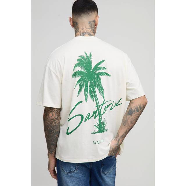 Tall Oversized Extended Neck Santorini Palm Print Landscape T-Shirt - Cream - L