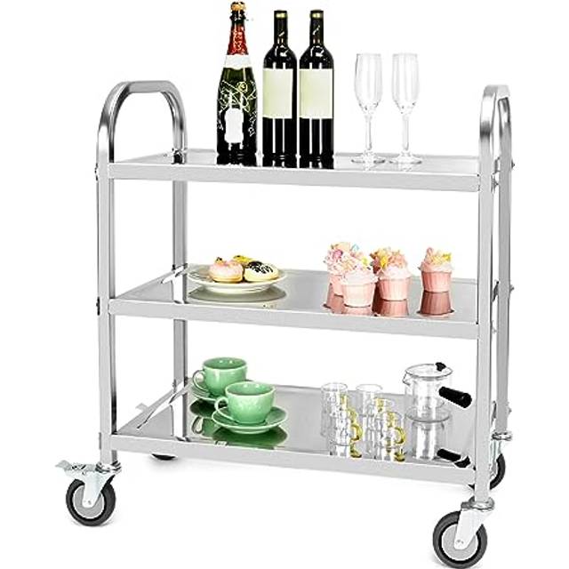 "QWORK 3-Tier Kitchen Trolley Serving Trolley Cleaning Trolley - 29.5"" x 16"" x 33"" - 201 Stainless Steel - Quiet Wheels with Brakes"