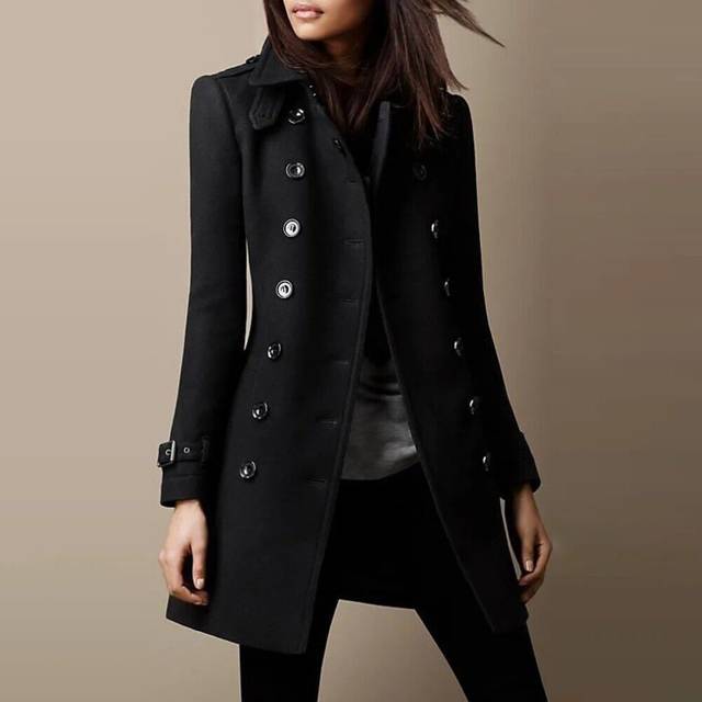 (Black, S = 6) Women's Winter Slim Fit Trench Button Long Coat Jacket Overcoat Parka Outwear