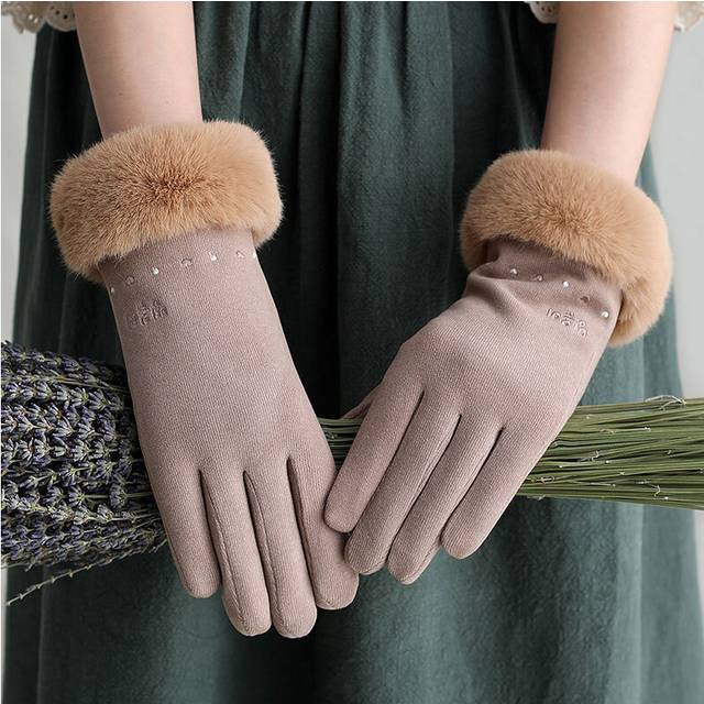 (One Size, I13 Khaki) Women Double Thick Velvet Plush Wrist Touch Screen Driving Gloves Winter