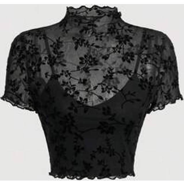 SHEIN Plus Size Velvet Mesh Stand Collar T-Shirt, For Winter