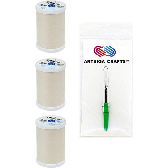 Coats & Clark Sewing Thread Dual Duty XP General Purpose Poly Thread 250 Yards (3-Pack) Cream Bundle with 1 Artsiga Crafts Seam Ripper S910-8020-3P