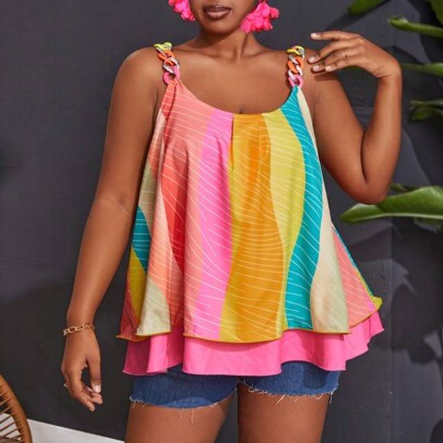 Slaydiva Plus Size Women&#39;s Striped Printed Tank Top For Summer