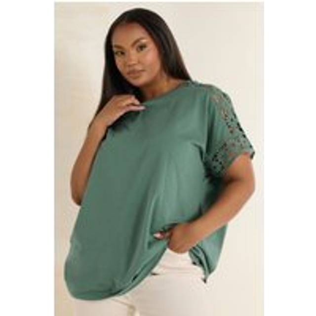 Yours Curve Green Crochet Sleeve Boxy Tshirt, Women's Curve & Plus Size, Yours - 16
