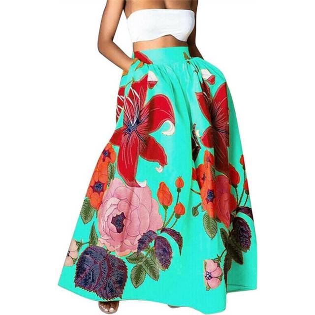 (Lake Blue, S) Women's Skirts Bohemian Floral Loose High Waist Holiday Big Sway Pocket Skirt Women