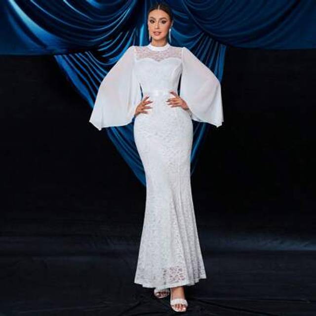 SHEIN Floral Lace Flare Sleeve Chiffon Mermaid Hem Formal Party Maxi Dress, White Elegant Bridal Dress, Evening Prom Wedding Guest Gown, For Graduation, Din