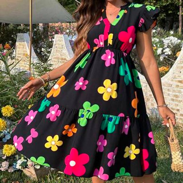 SHEIN Floral Print A-Line Waist Drawstring Casual Midi Maternity Dress