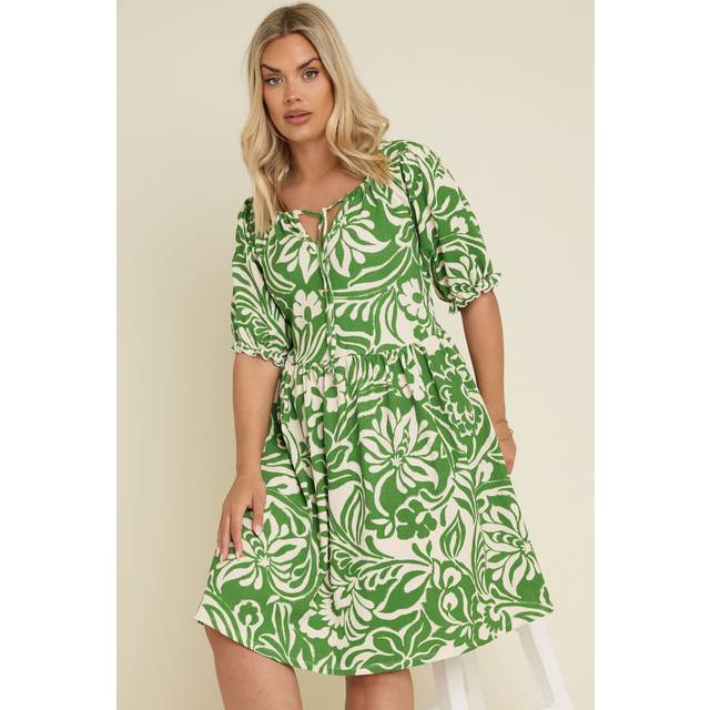 Yours Curve Green Abstract Leaf Print Textured Tie Neck Dress, Women's Curve & Plus Size, Yours - 18