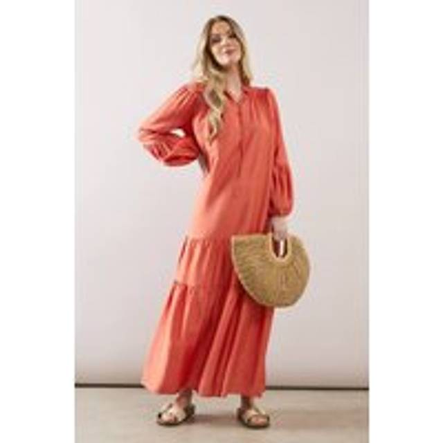 Womens Relaxed Smock Tie Front Maxi Dress - Rust - 10