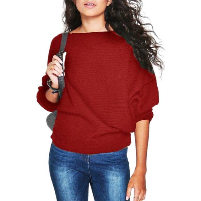 (Red, L) Womens Batwing Sleeve Knitted Thin Sweater Ladies Casual Baggy Solid Jumper Tops