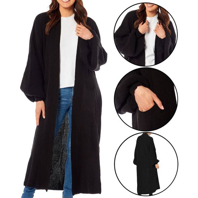 (Black, One Size Fits (8-16)) Ladies Oversized Long Cardigan Balloon Sleeve Chunky Ribbed KnittedÂMaxiÂJumper