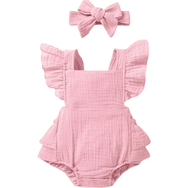 SHEIN Baby Girl Soft, Comfortable And Cute Ruffled Bodysuit With Headband Set, Perfect For Summer Casual, Vacation And Party
