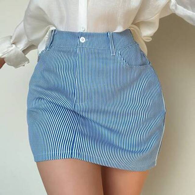 SHEIN Blue & White Striped Button Detail Mini Skirt For Women