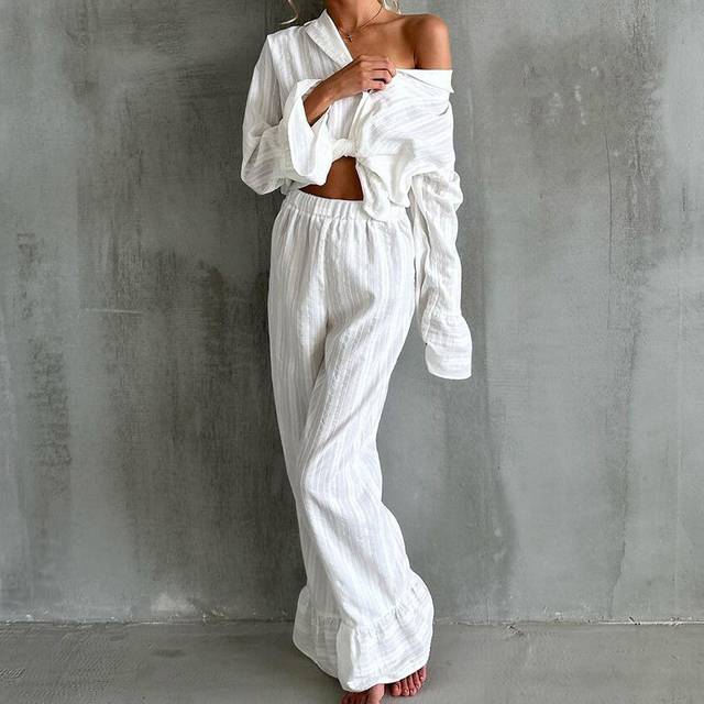 (S) Hiloc Loose Women's Home Clothes 2 Piece Sets White Long Sleeve Sleepwear Female Casual Trouser Suits Summer Fashion Pajamas