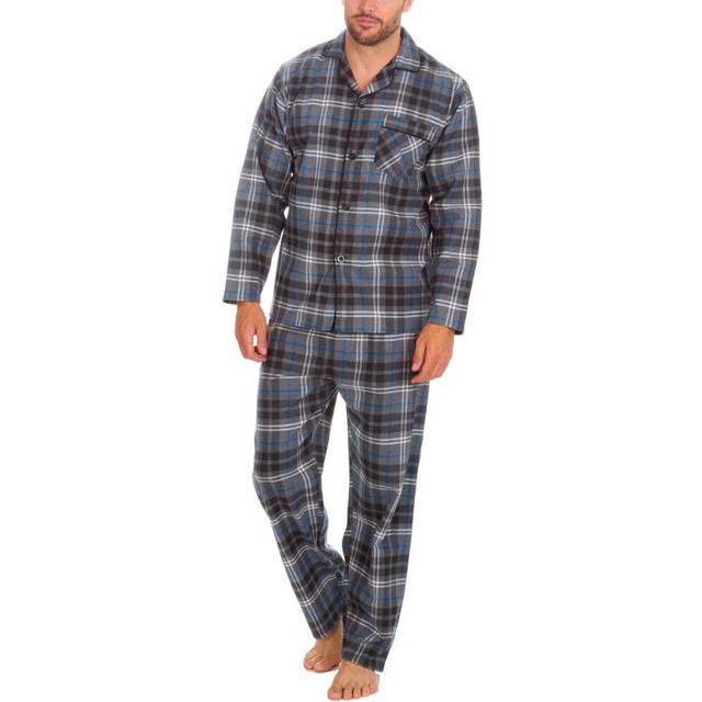 (Grey-check, L) Metzuyan Mens Flannel Pyjama Set 100% Cotton Warm Plus Size