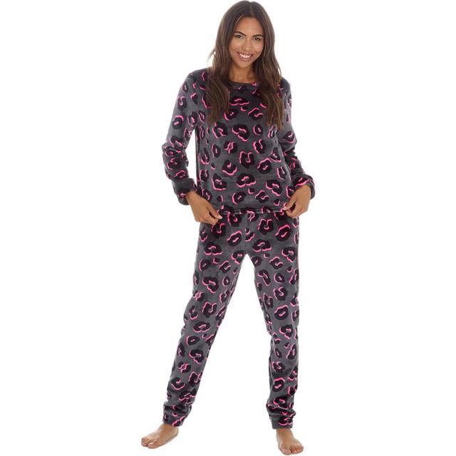 (Leopard - Fleece, XL) Metzuyan Ladies Plush Fleece Or Crushed Velvet Two Piece Co-Ord Pyjama Set Size S-Xl