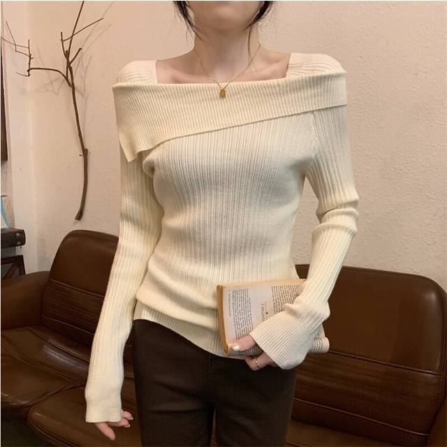 (apricot) Solid Sexy Slim Off Shoulder Slash Neck Long Sleeve Knitting Sweater  Women Jumpers Office Fashion New