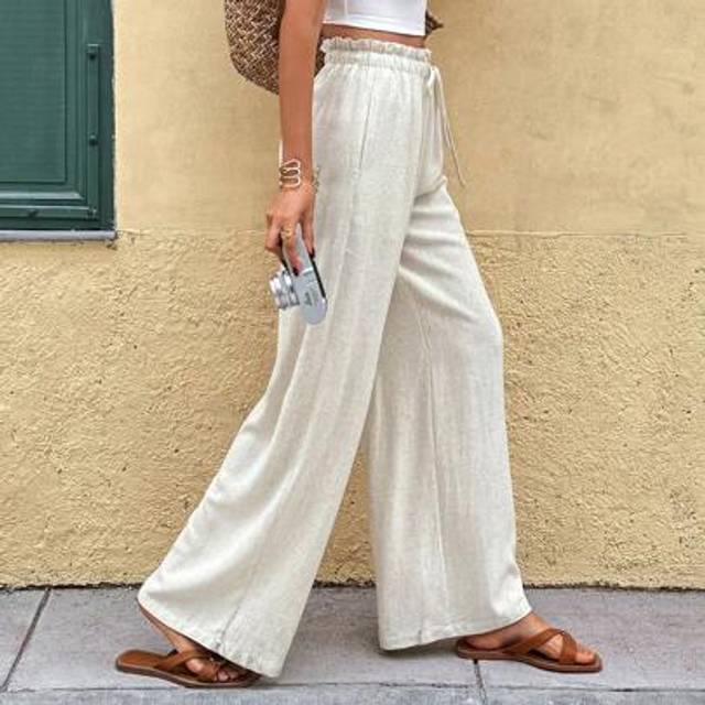 SHEIN Women&#39;s Solid Color Linen Drawstring Waist Old Money Style Trousers, Commuter Wear, Daily Wear Beach Outfits For Woman  Summer Clothes  Vacation  Line