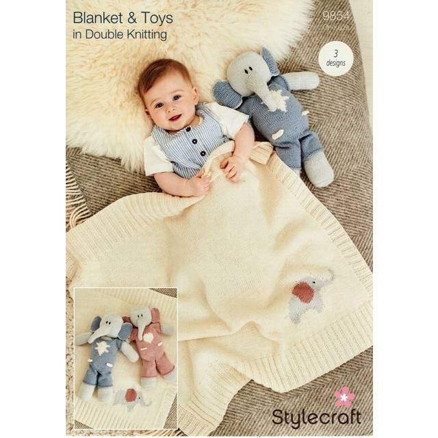 Stylecraft elephant toys, & blanket double knitting pattern 9854 3 designs