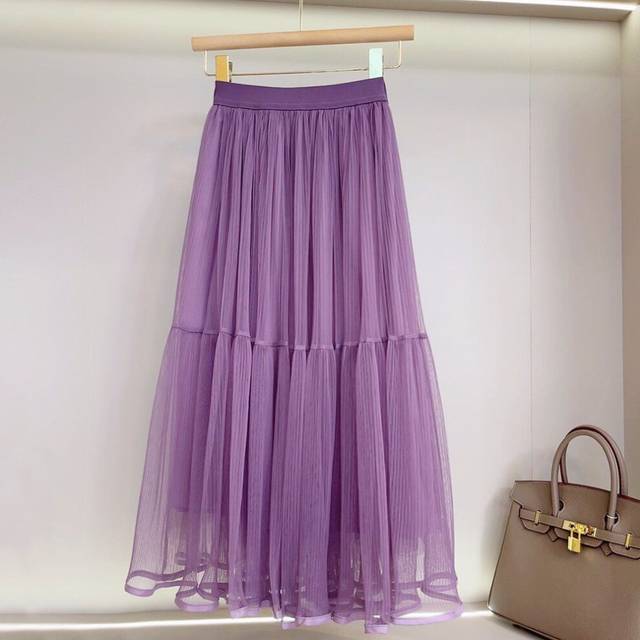 (Purple, Universal Code) Moonlight Gauze Skirt Pleated A-line High-waisted Skirt Spring And Summer Slim And Big Posing Fairy Mid-length Mesh Skirt