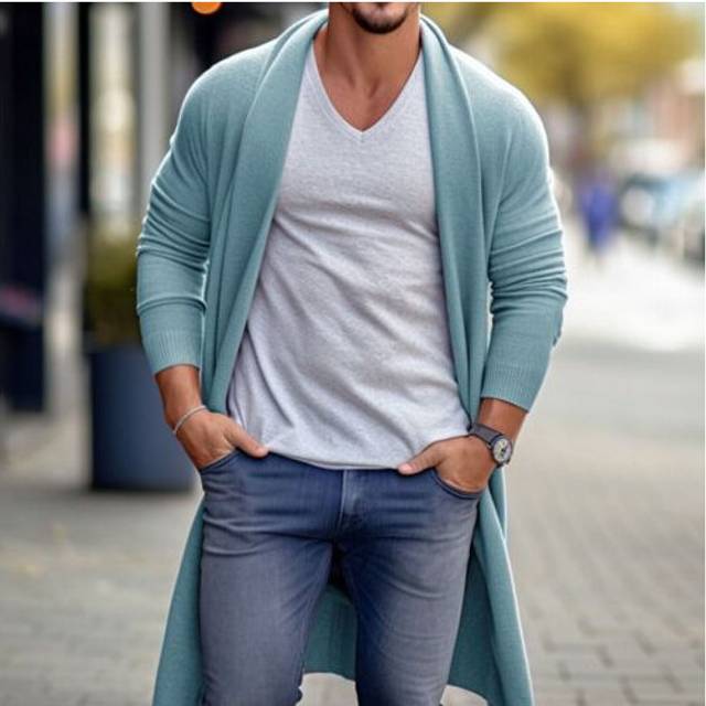 (sky blue, 3XL) Men's Knitted Cardigan Long Sleeve Open Front Casual Solid Color Sweater Outwear