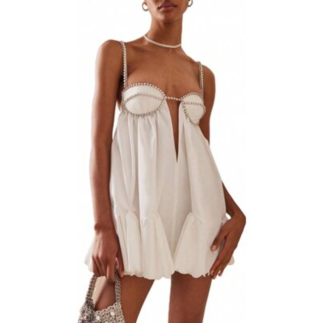 SHEIN Women Loose Spaghetti Strap Dress Summer Crystal Rhinestone Cutout Cocktail Party Mini A-Line Dress For Beach Nightclub