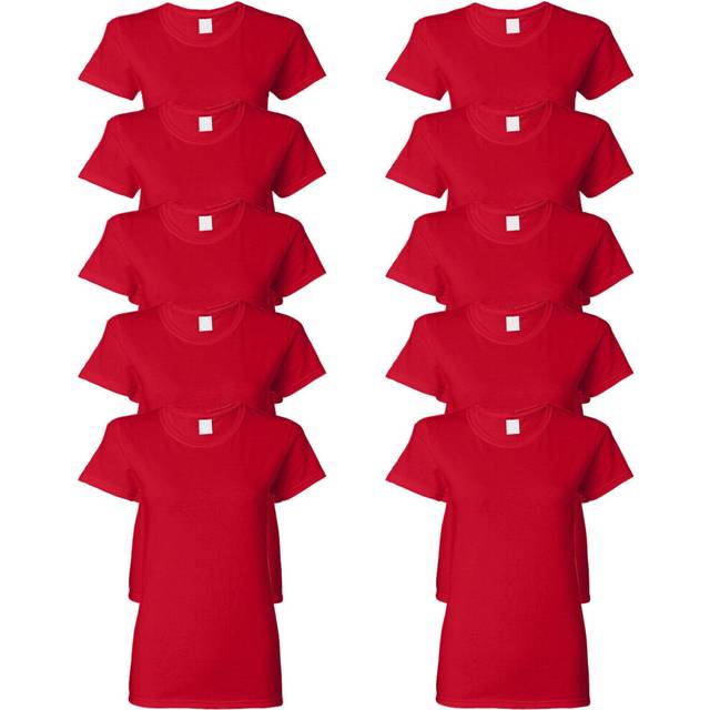 (Red, L) 10x Ladies Womens Cotton Blank Plain Crew Neck Short Sleeve T-Shirt Tee Top Bulk
