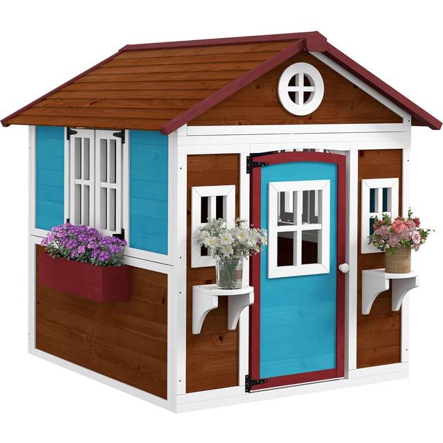 Outsunny Wooden Playhouse for Kids Outdoor, Indoor, Wooden Wendy House with Doors, Windows, Plant Pots, Boxes, for 3-8 Years - Dark Brown