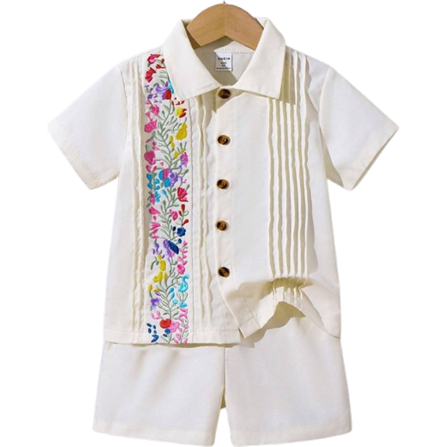SHEIN Young Boy Short Sleeve Button-Up Embroidered Shirt And Shorts Set, Summer Holiday & Travel