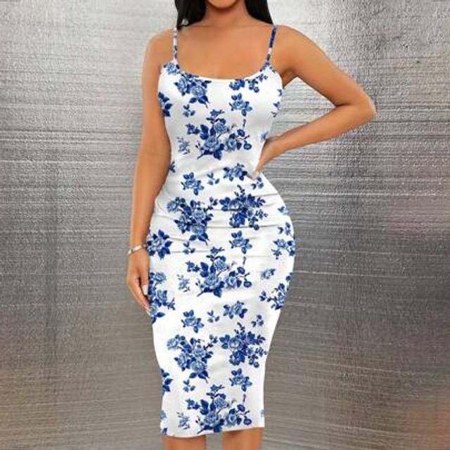 SHEIN Sundress;Casual Elegant Sexy Blue Floral Print Sleeveless Midi Dress, Suitable For Daily Outing/Date/Party/Vacation