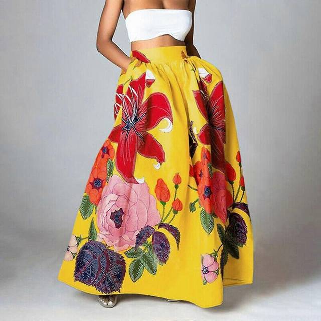 (2XL, White) Women&#39;s Bohemian Print Skirt High Waist Party Beach Pocket Long Floor Length