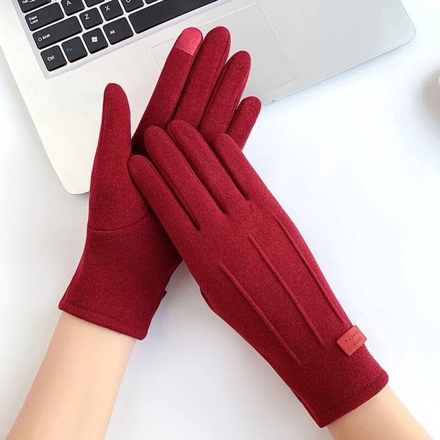 (One Size, Wine Red) Simple Fashion Gloves Women Winter Vintage Full Finger Touch Screen Driving