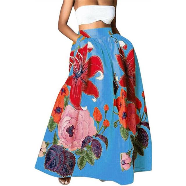 (Blue, 2XL) Women's Skirts Bohemian Floral Loose High Waist Holiday Big Sway Pocket Skirt Women