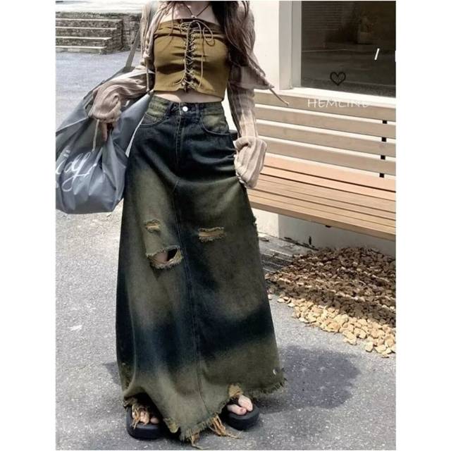 (Retro Blue, 4XL) American Large Size Retro Nostalgic Grinding Denim Skirt Women's Wasteland A-line Large Sway Mid-length Skirt Fat Mm