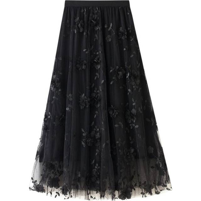 (Black, Universal Code) Mesh Embroidery Heavy Industry Skirt Large Size Tulle Skirt Spring A-line Literary High Waist Long Skirt 8692