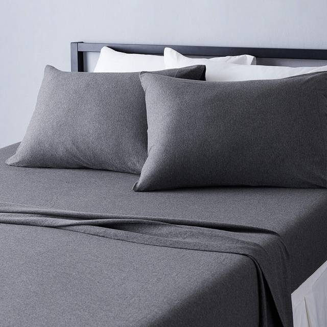 Amazon Basics 4 Piece Bed Sheets Set  100% Cotton Jersey  Includes Super Soft  Flat and Fitted Sheets  Pillowcase  King  Dark Gray  Solid