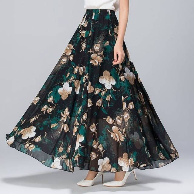 (Tulips On Black Background, XL) Chiffon Skirt Mid-length High-waisted Slim Long Skirt Retro Big Hem Skirt A-line Dancing Long Skirt Temperament Beach