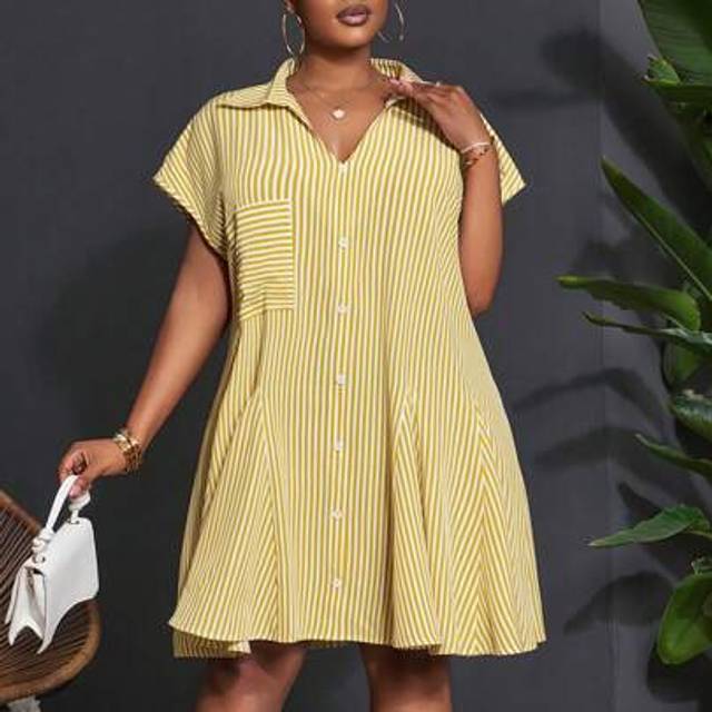 Slaydiva Casual Loose Dolman Sleeve V-Neck Faux Front Pocket Shirt Dress, Umbrella Hem Patchwork, Blue Stripe Woven Fabric, Spring/Summer, Plus Size Mini