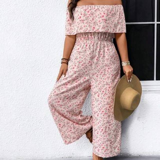 SHEIN Plus Size Women&#39;s Ditsy Floral Off Shoulder Wide Leg Jumpsuit With Ruffle Hem