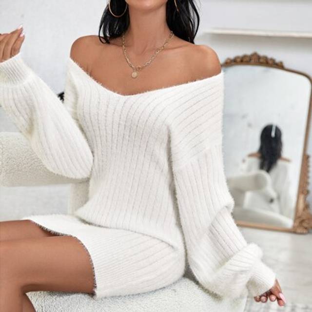 Slätt Enkel Sweater Klänning - Vitt (L,M,S,XL)