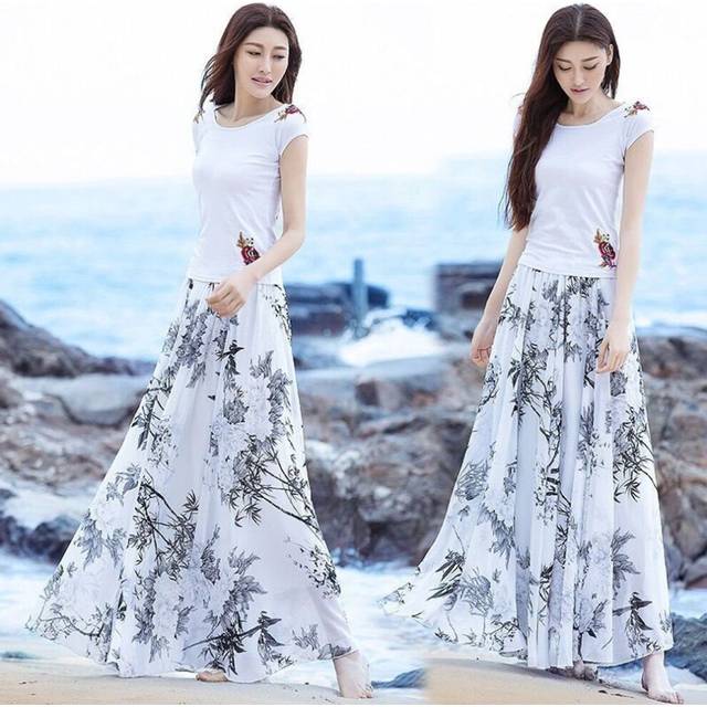 (Ink And Wash Bamboo Leaves, M) Chiffon Skirt Mid-length High-waisted Slim Long Skirt Retro Big Hem Skirt A-line Dancing Long Skirt Temperament Beach