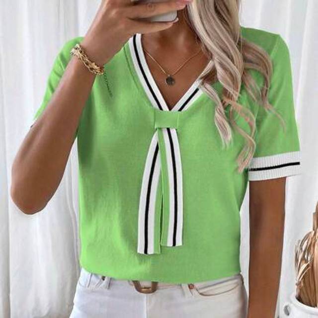 SHEIN Women&#39;s Striped Short Sleeve V-Neck Casual Loose Knit Sweater